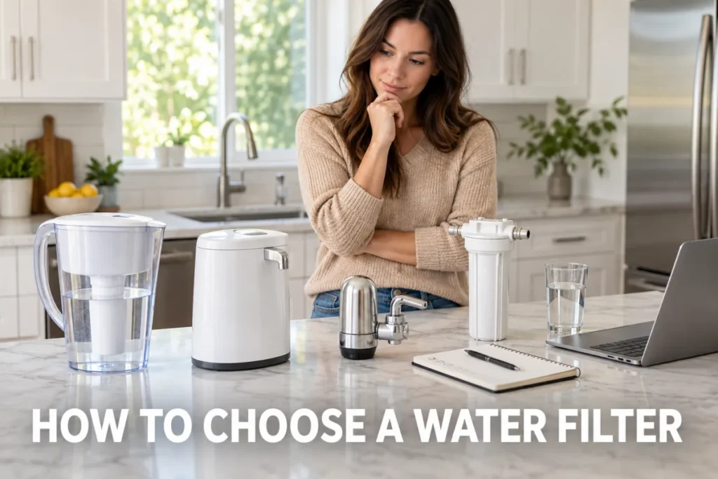 A woman comparing several water filter options on a bright kitchen counter.