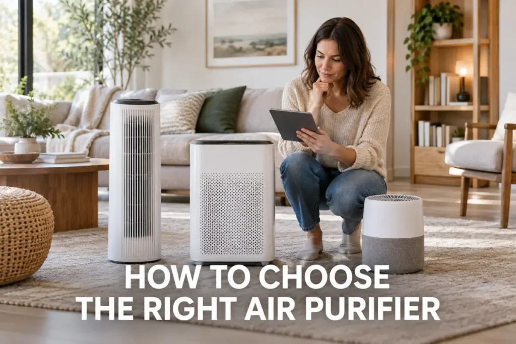 A woman comparing different air purifier sizes and styles in a cozy living room.