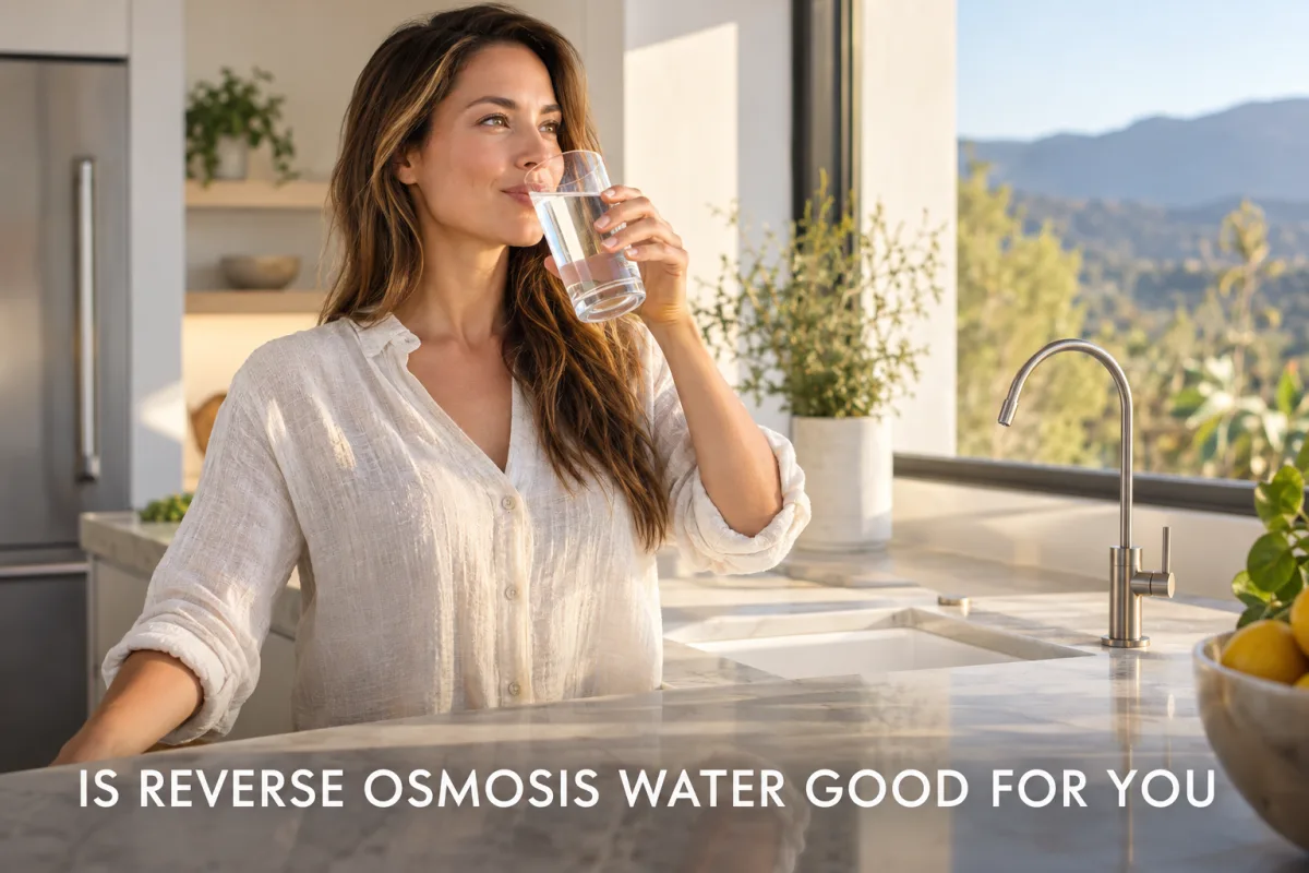 A woman drinking a glass of water in a sunlit kitchen with a reverse osmosis faucet nearby.