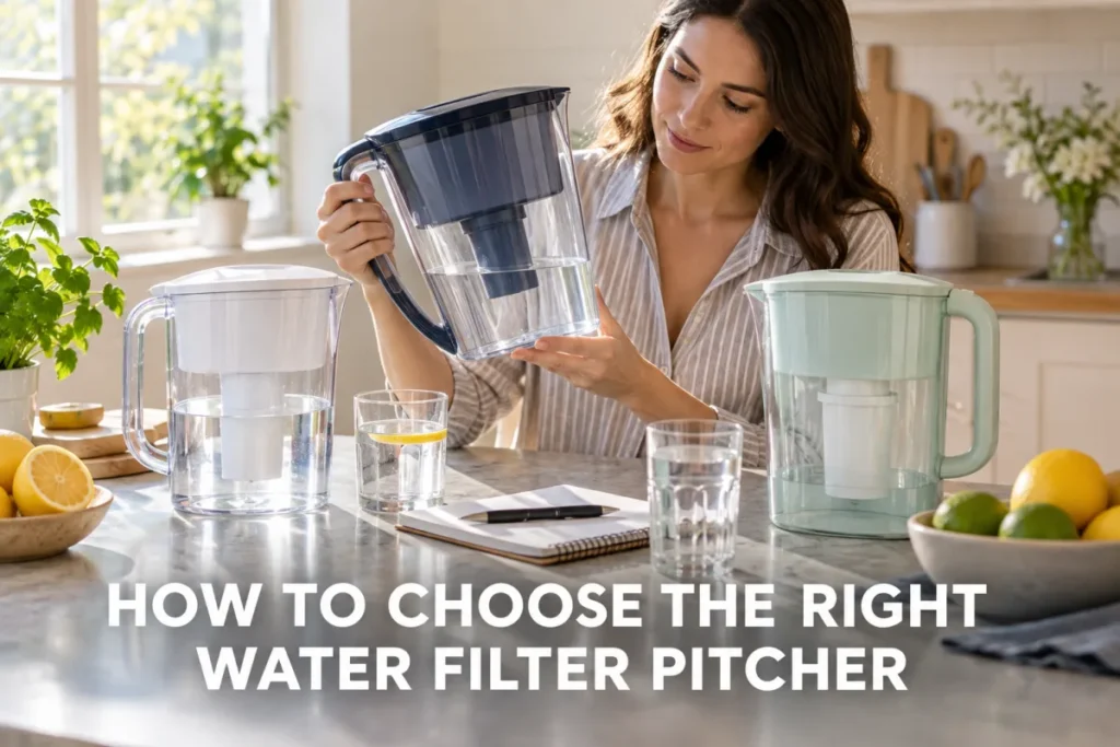 A woman comparing water filter pitchers on a sunlit kitchen countertop.