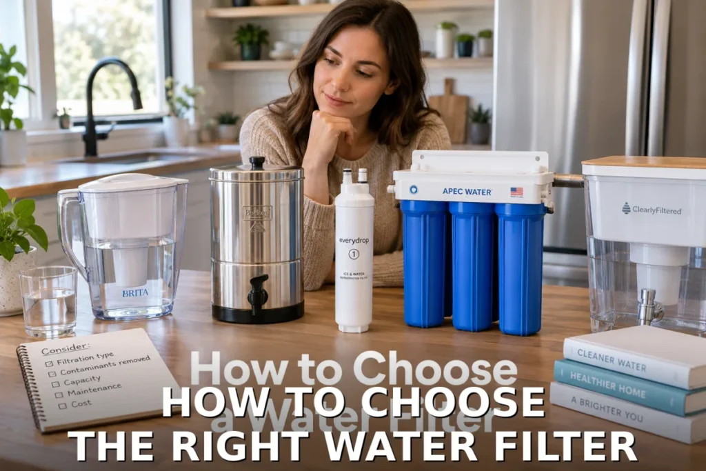 A woman reviewing different water filter types and cartridges on a wooden table.