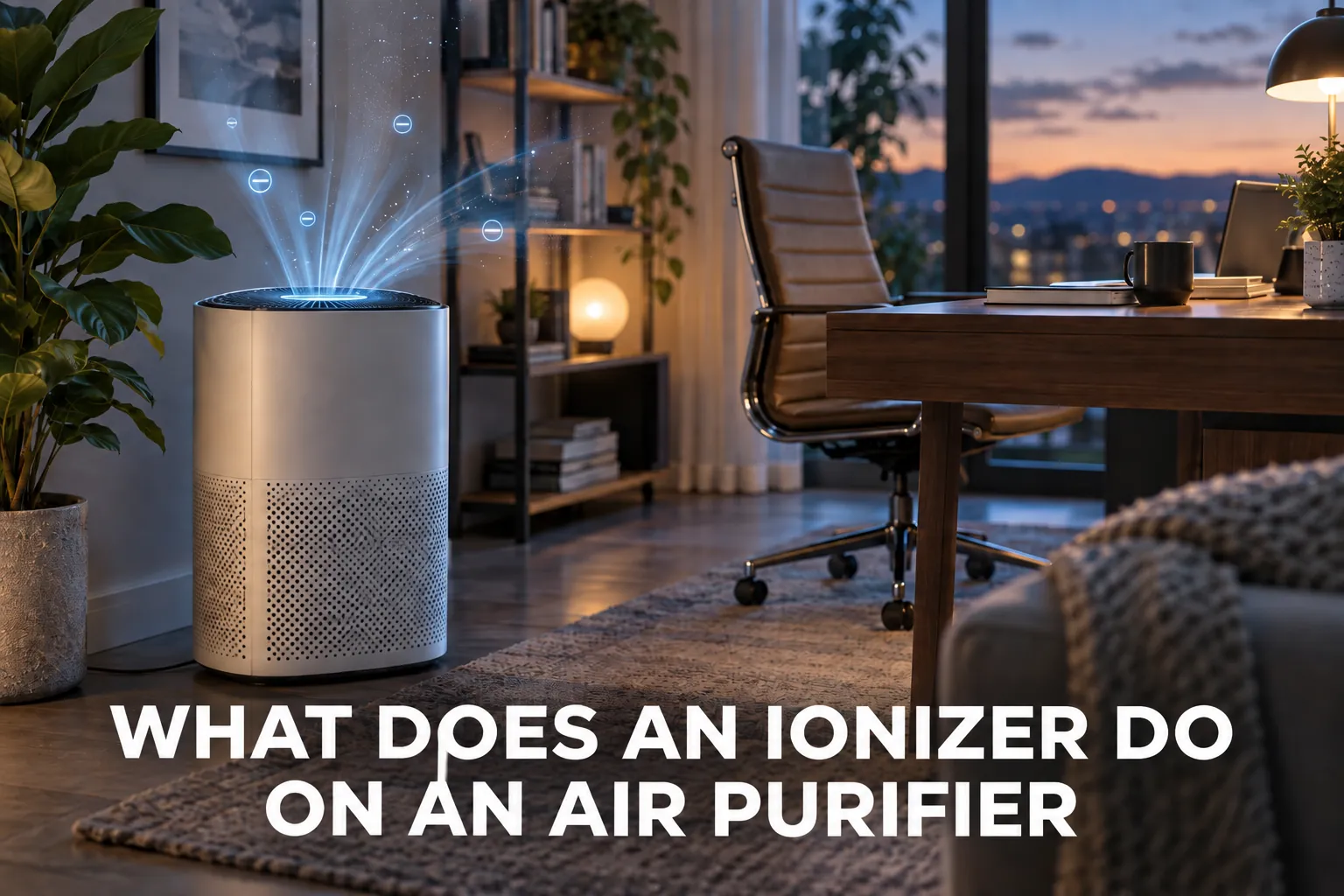 An air purifier with glowing ionizer particles in a cozy home office at dusk.