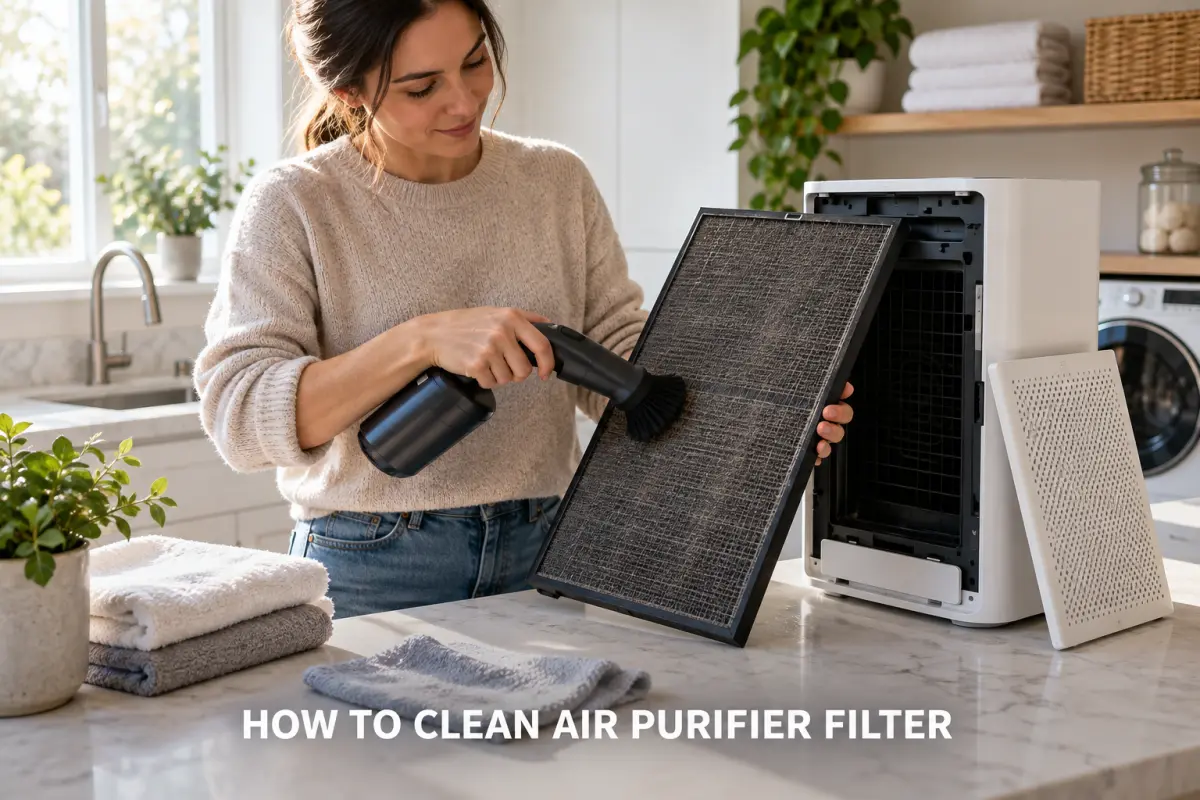 A woman cleaning a dirty air purifier filter with a handheld vacuum beside an open air purifier in a bright utility room.
