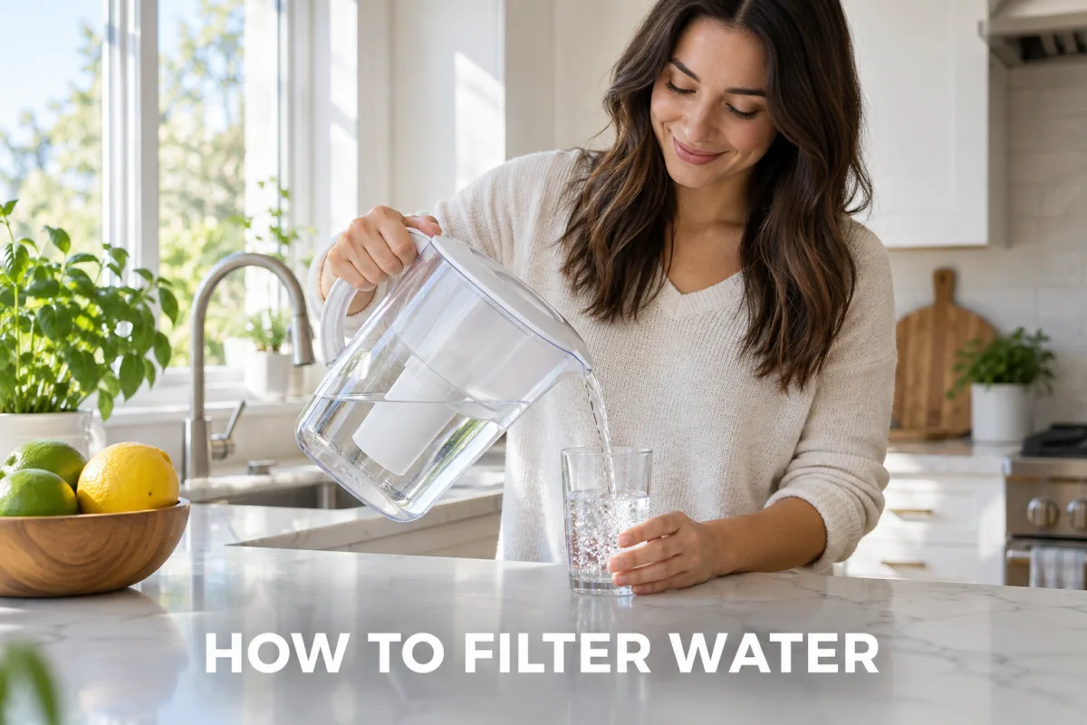 A woman pouring filtered water from a water filter pitcher into a glass in a bright modern kitchen.