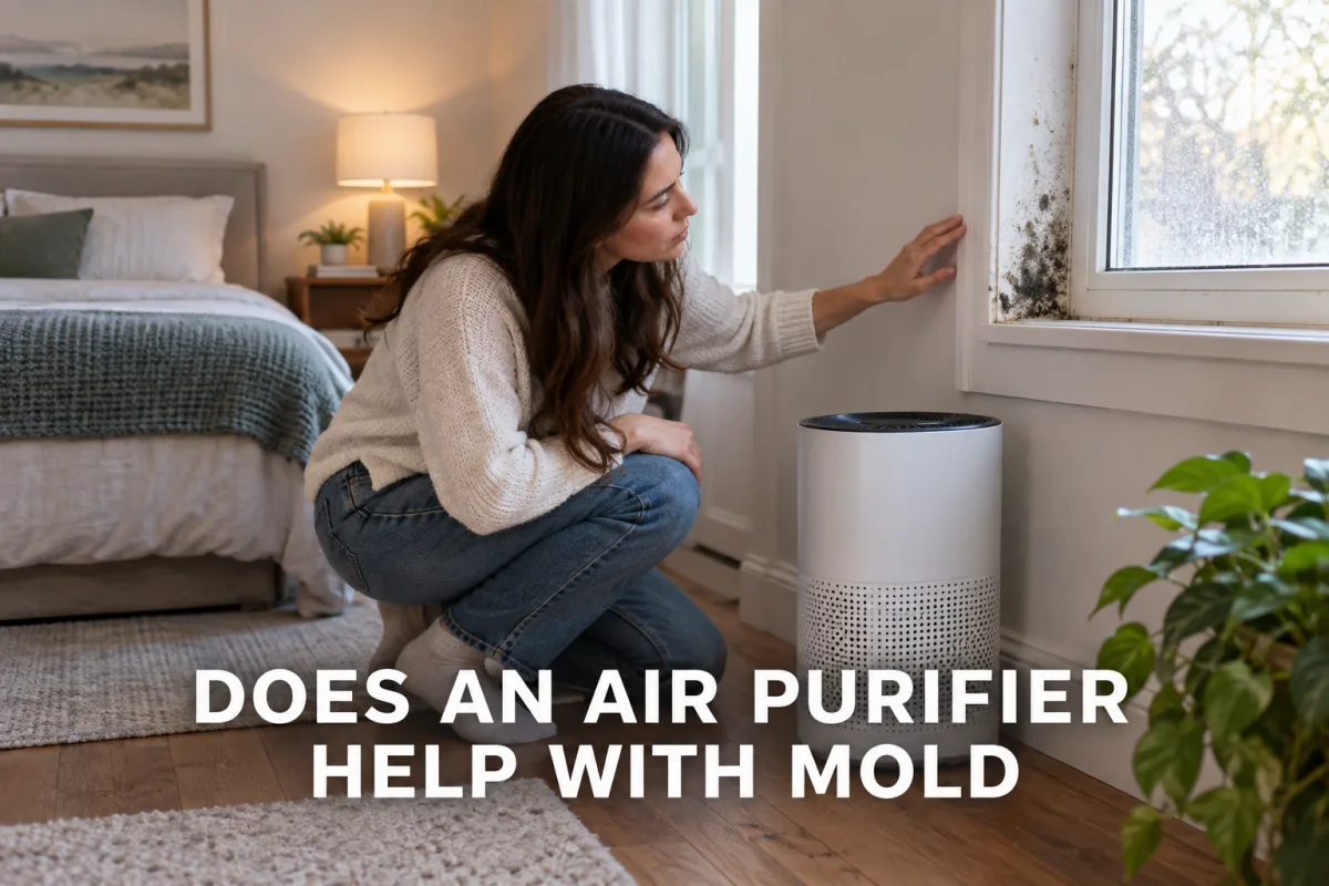 A woman inspecting mold near a bedroom window with an air purifier placed beside the wall.