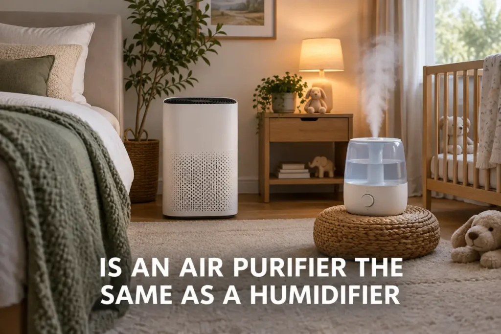 An air purifier and humidifier placed side by side in a warm bedroom nursery.