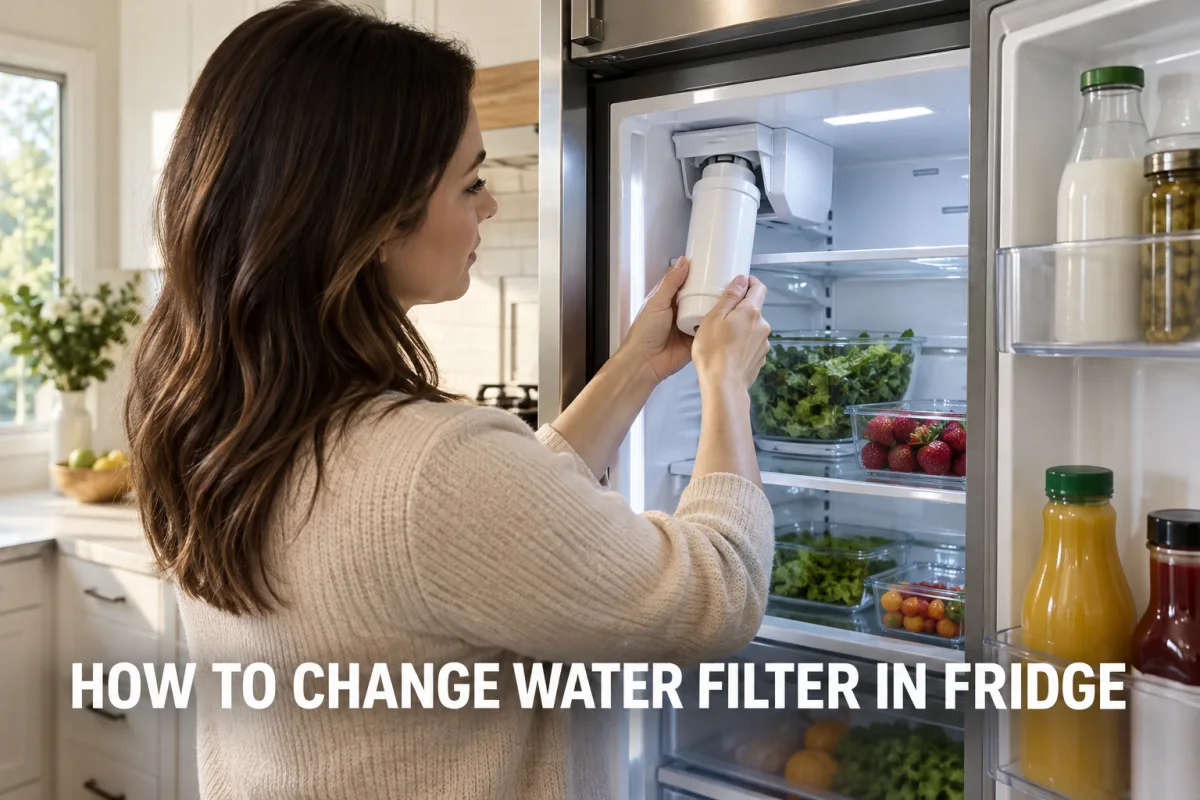 A woman replacing a refrigerator water filter inside a bright modern kitchen.