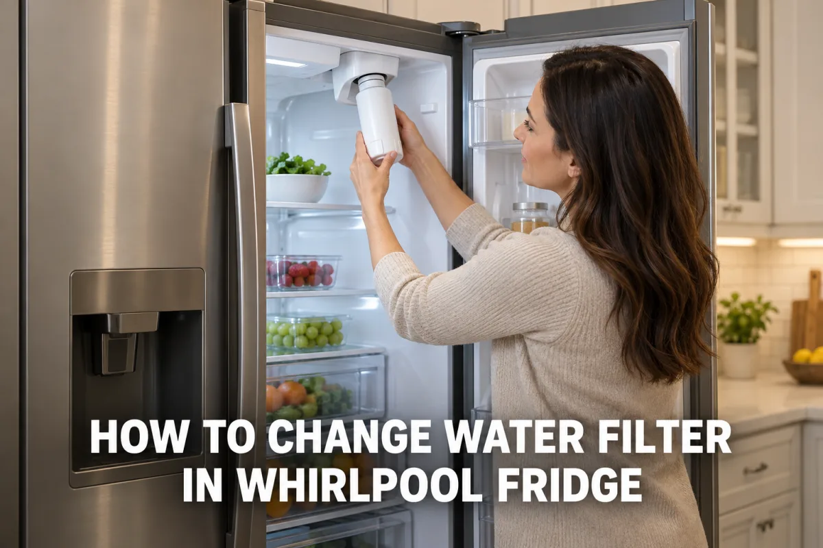 A woman changing a water filter inside a stainless steel Whirlpool-style refrigerator.