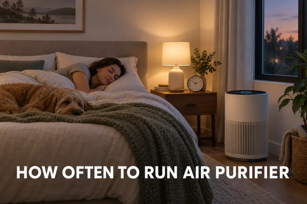 A woman sleeping in a cozy bedroom while an air purifier runs beside the bed at night.