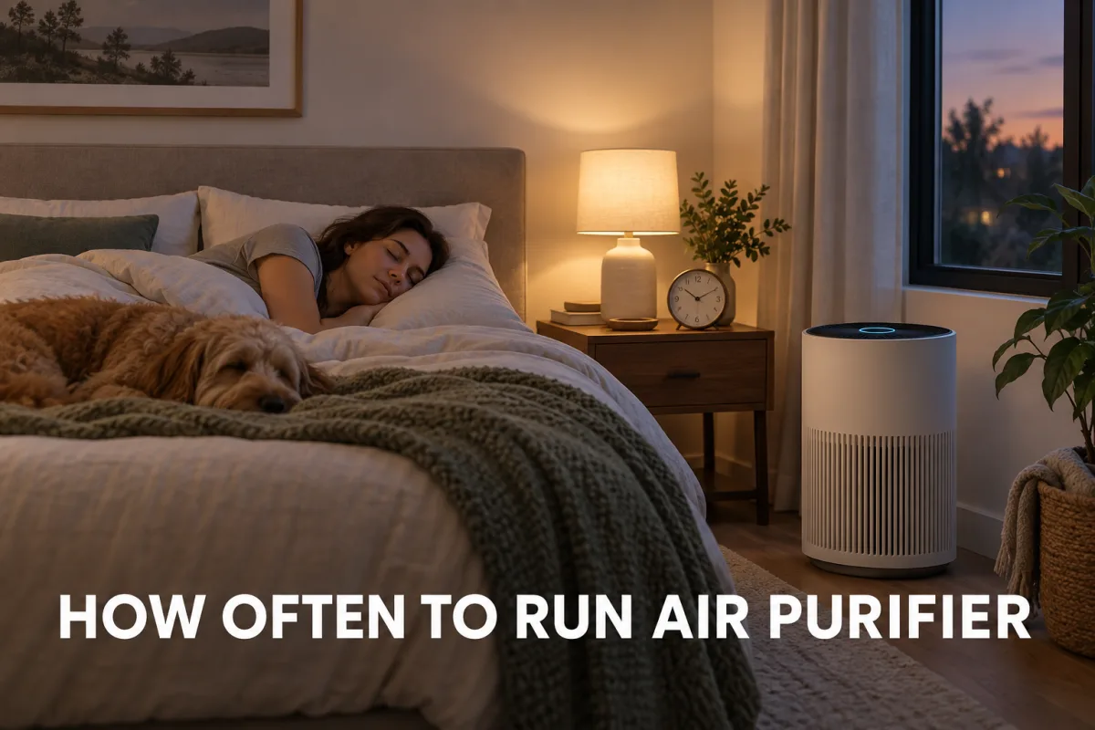 A woman sleeping in a cozy bedroom while an air purifier runs beside the bed at night.