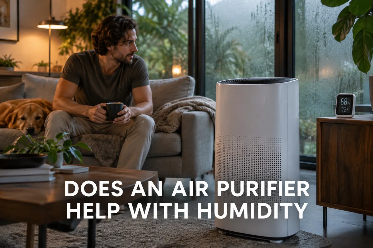 A man sitting near an air purifier and humidity monitor in a living room with condensation on the window.