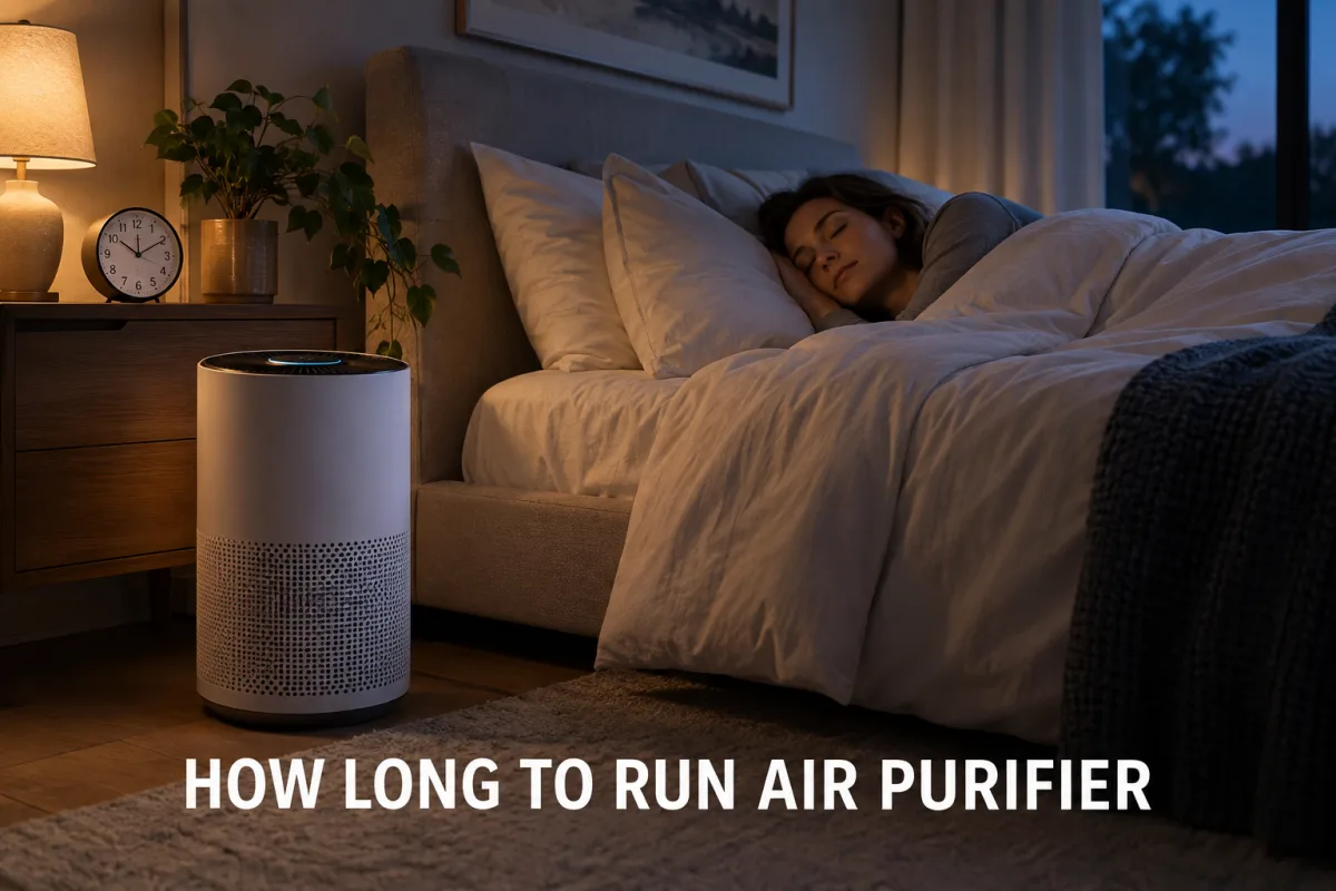 A person sleeping in a cozy bedroom while an air purifier runs beside the bed at night.