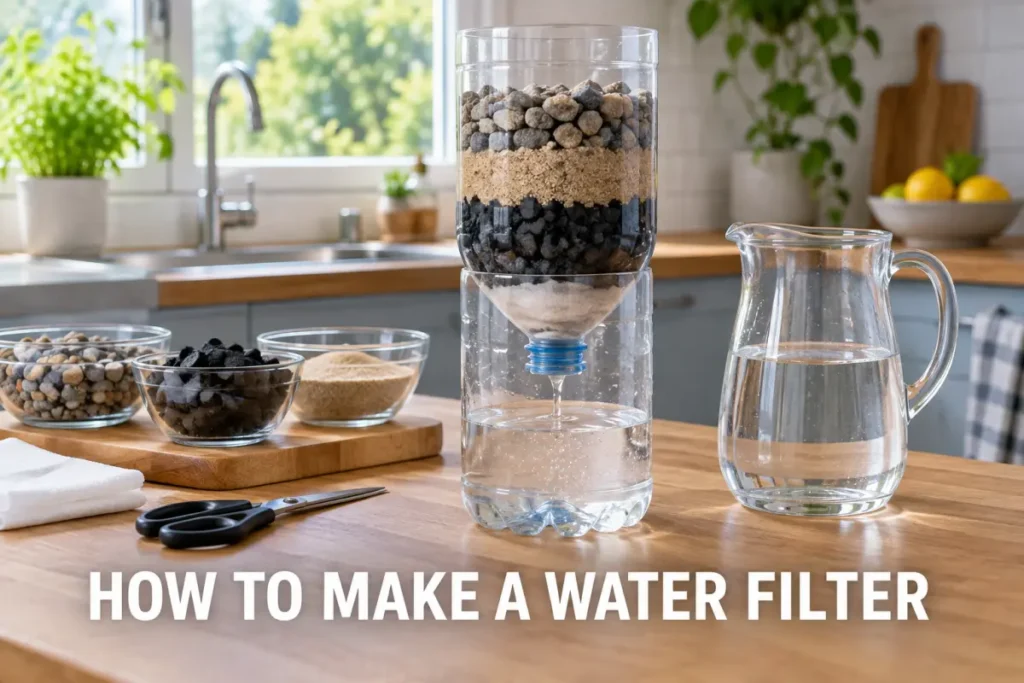A homemade water filter with layered gravel, sand, and charcoal filtering water in a bright kitchen.