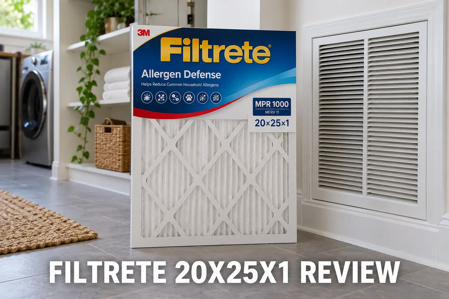 A Filtrete 20x25x1 air filter placed beside a home HVAC return vent in a bright utility room.