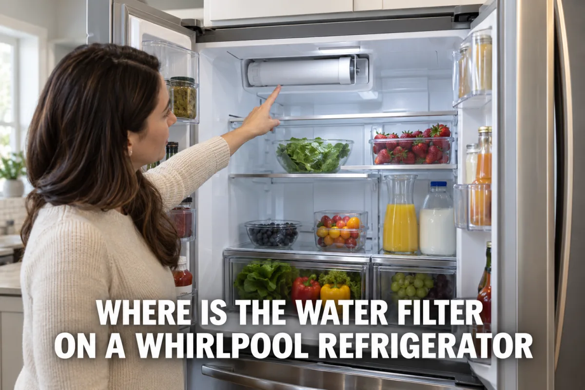 A woman pointing to the water filter inside an open Whirlpool refrigerator in a bright modern kitchen.