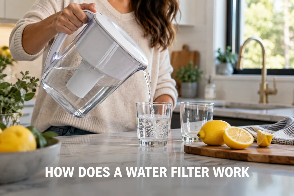 A woman pouring water from a filter pitcher into a glass in a bright modern kitchen.