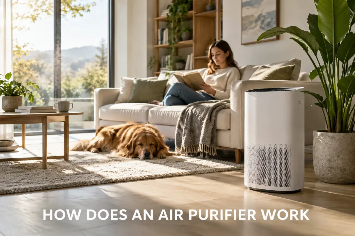 A woman reading on a sofa while an air purifier runs in a bright living room.