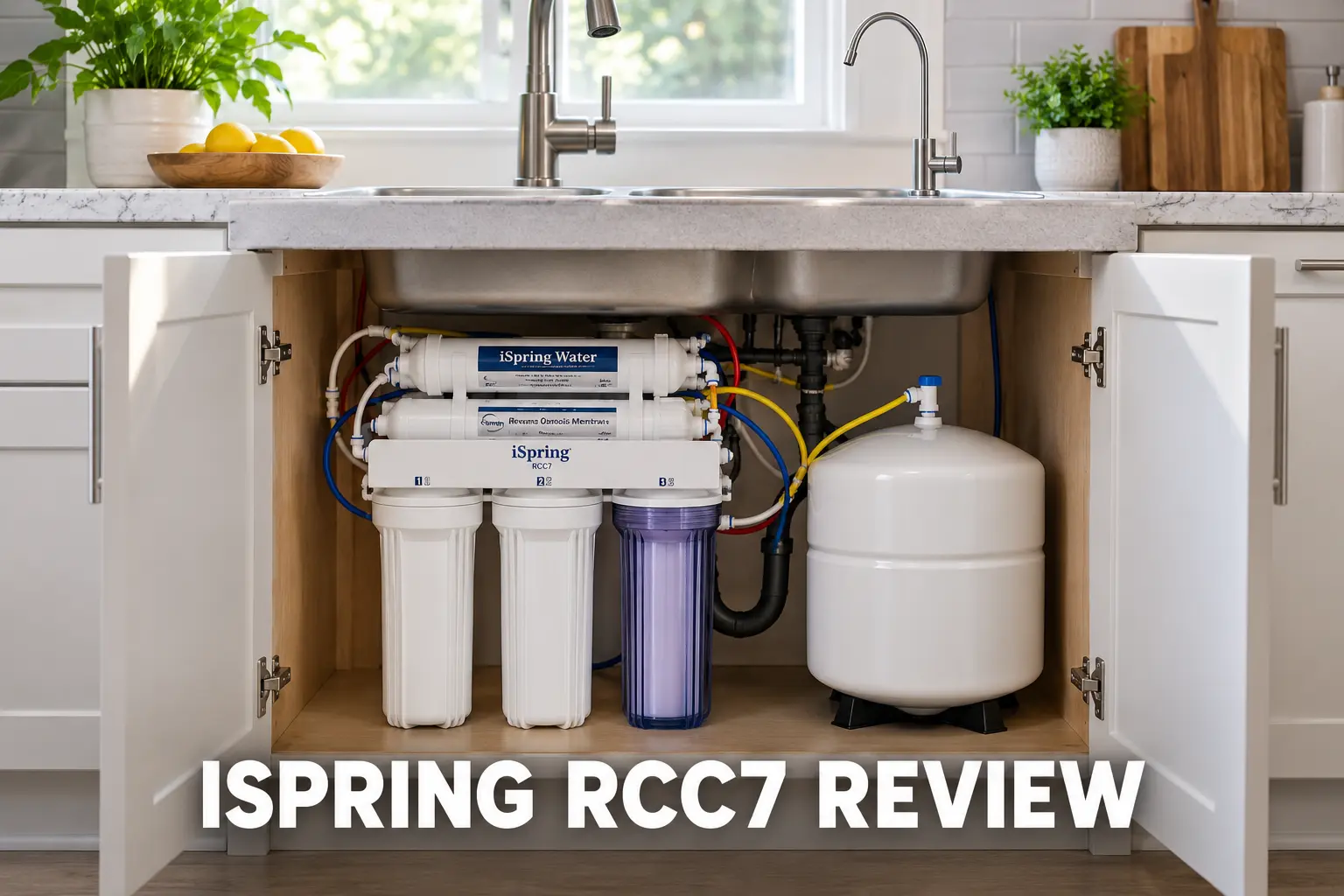 An iSpring RCC7 reverse osmosis system installed under a kitchen sink.
