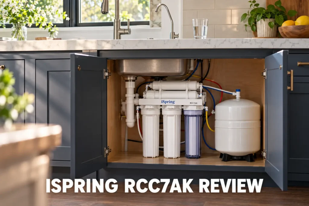 An iSpring RCC7AK reverse osmosis system installed under a kitchen sink.