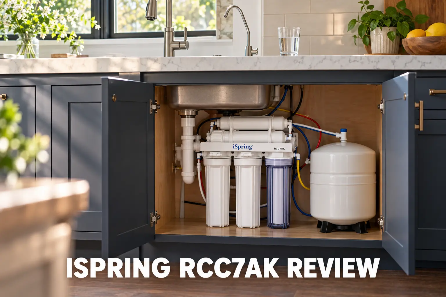 An iSpring RCC7AK reverse osmosis system installed under a kitchen sink.