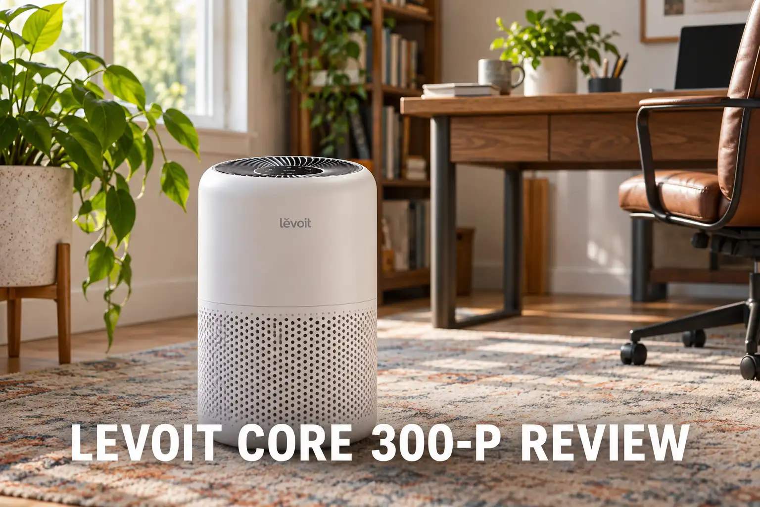 A Levoit Core 300-P air purifier in a sunny home office corner.
