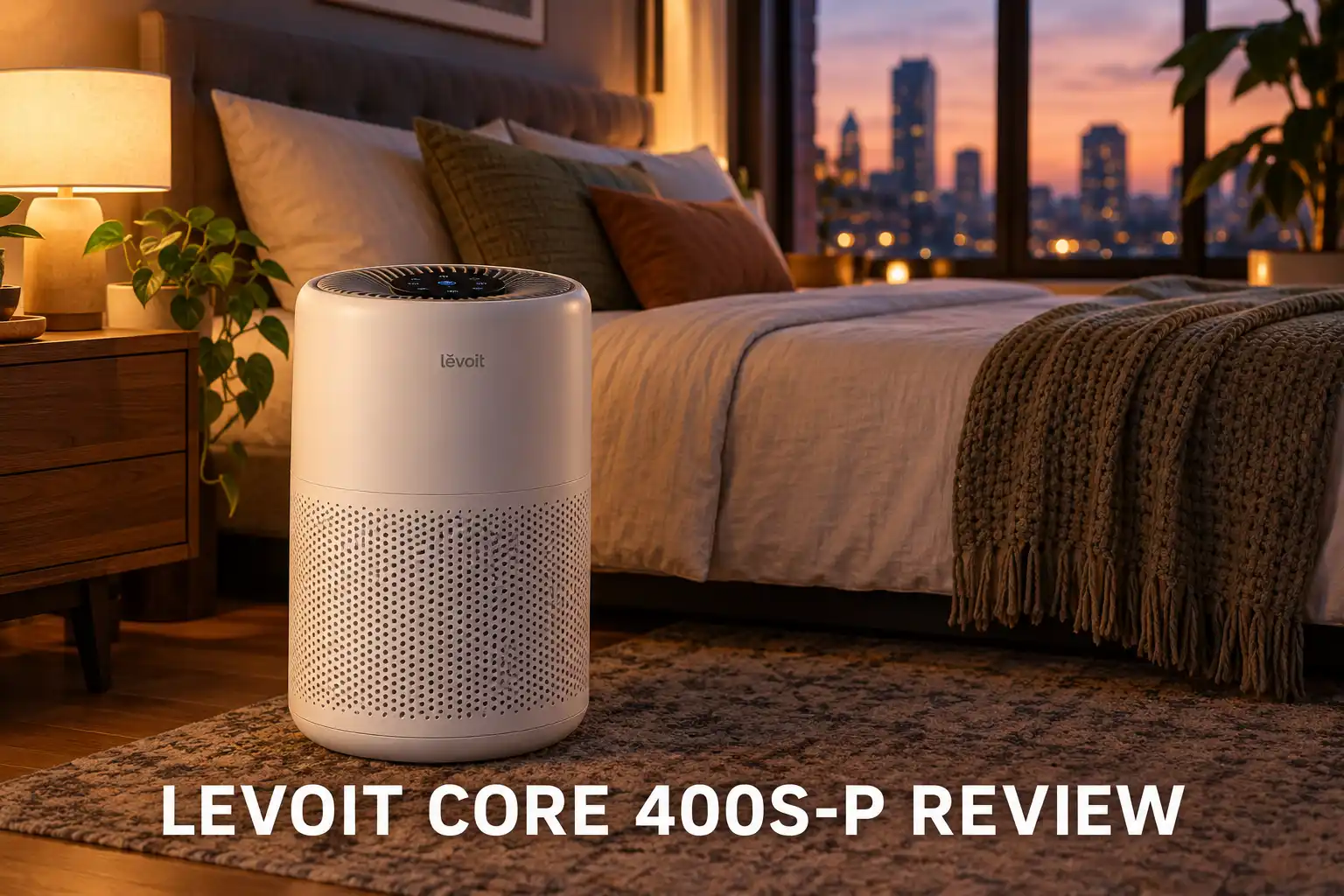 A Levoit Core 400S-P air purifier in a cozy bedroom at dusk.