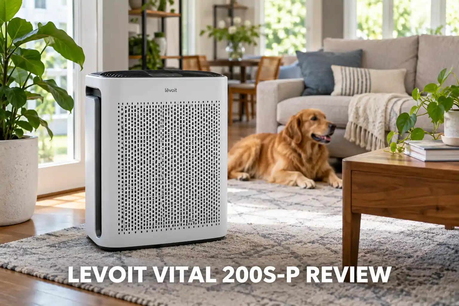 A Levoit Vital 200S-P air purifier in a bright living room with a dog resting nearby.