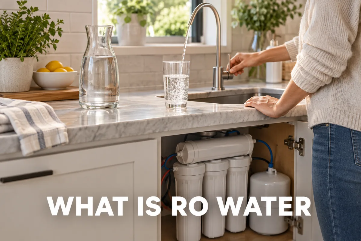 A glass of reverse osmosis water being filled from a dedicated faucet above an under-sink filtration system.