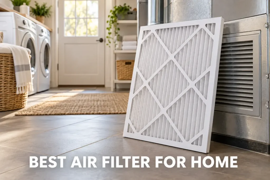 A pleated HVAC air filter leaning beside a home return vent in a bright utility room.