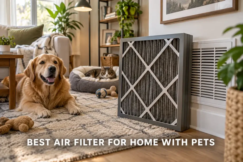A dog and cat relaxing near a large pleated air filter in a cozy pet-friendly living room.