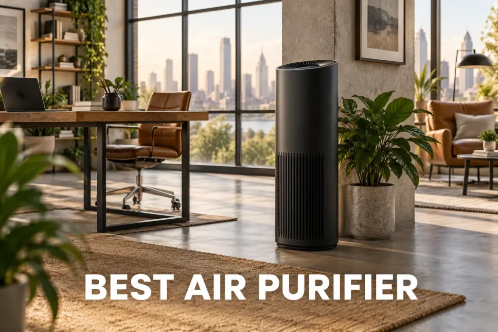 A black cylindrical air purifier standing in a sunlit loft-style home office.