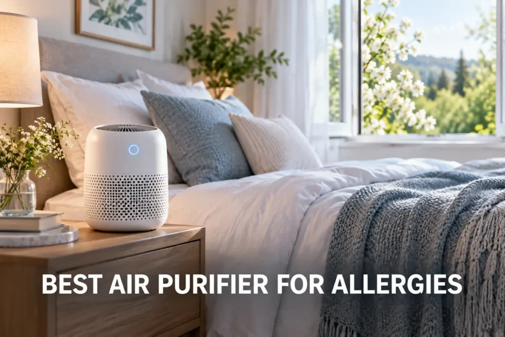 A compact air purifier on a bedside table in a bright bedroom with spring pollen outside the window.