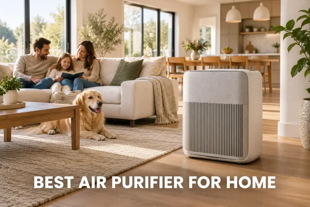 A large rectangular air purifier running in a warm family living room with a dog nearby.
