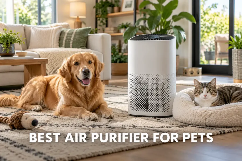 A dog and cat relaxing beside a large air purifier in a bright pet-friendly living room.