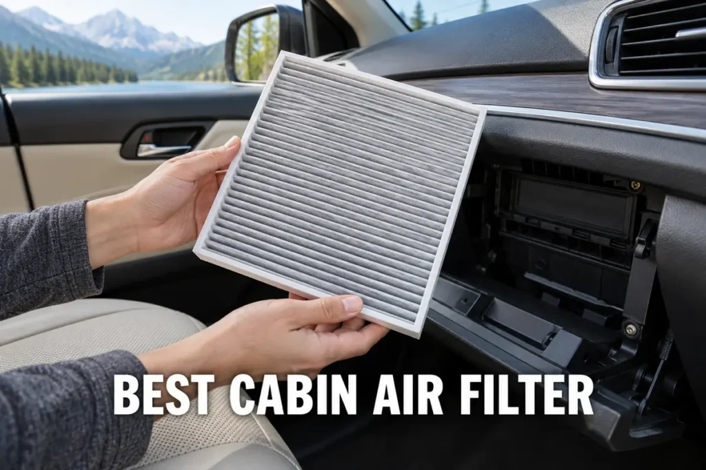 Hands holding a cabin air filter near an open glove box inside a car.
