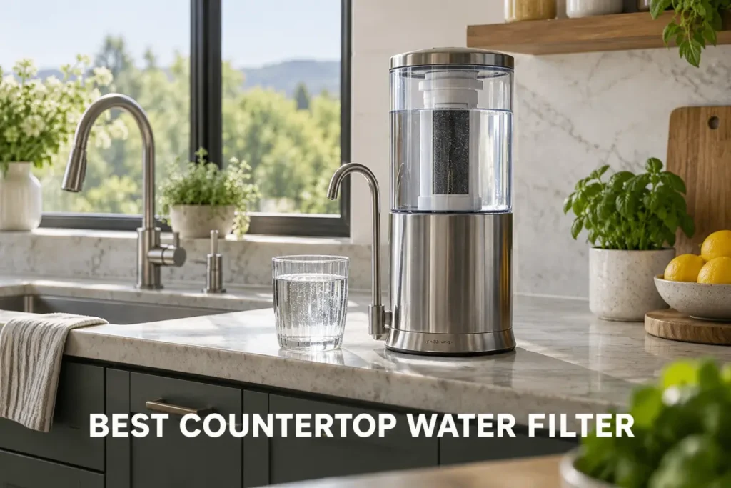 A countertop water filter with a glass of filtered water in a bright modern kitchen.