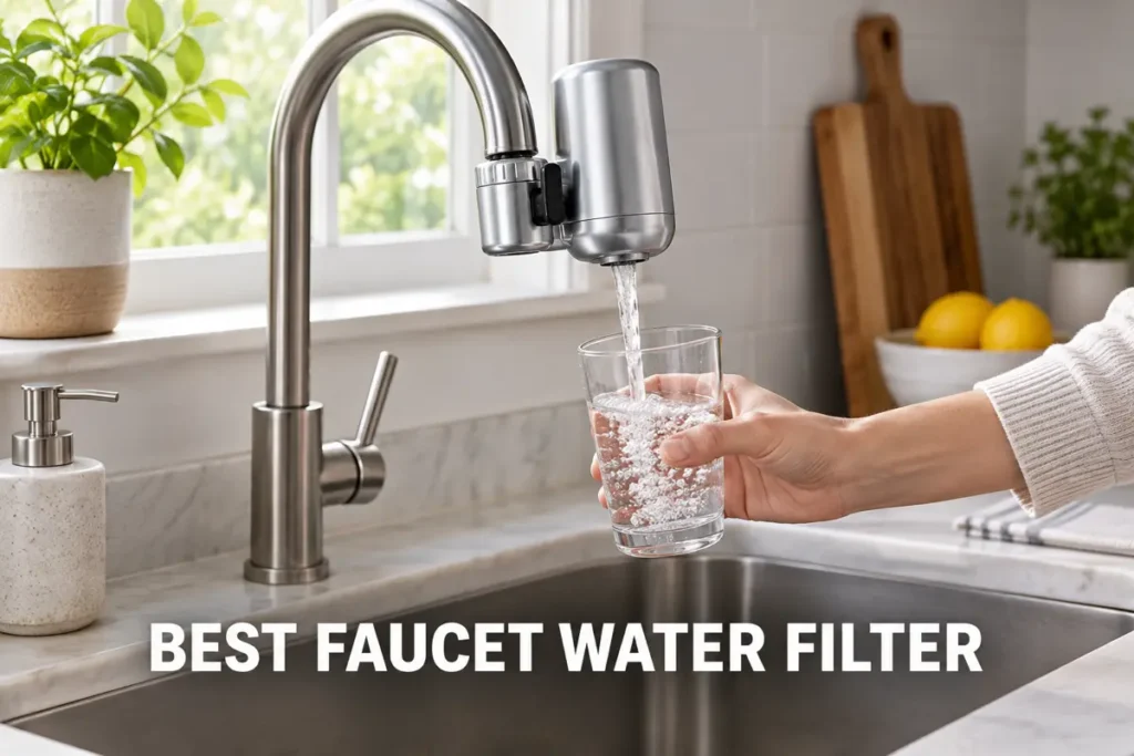 A faucet-mounted water filter filling a glass in a clean modern kitchen.