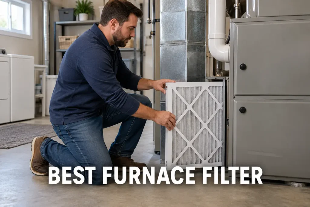 A man installing a pleated furnace filter beside an HVAC unit in a utility room.