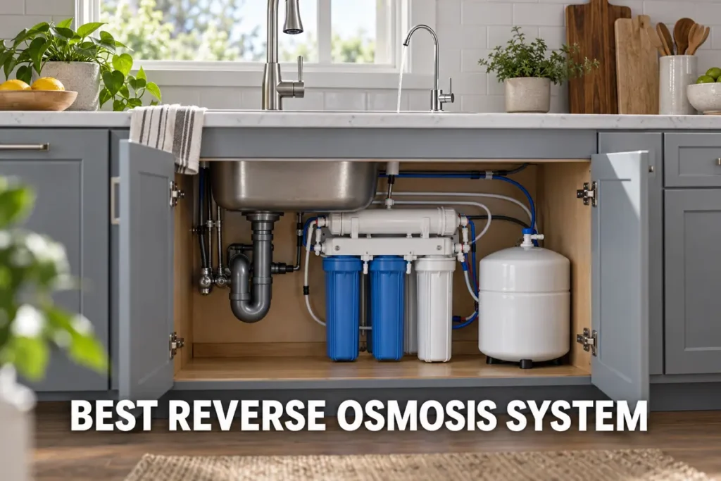 An under-sink reverse osmosis system with multiple filter stages installed inside a bright modern kitchen cabinet.