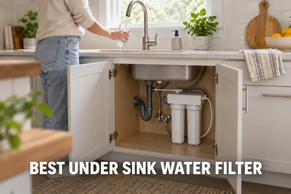 A person filling a glass from the kitchen faucet above an open cabinet with an under-sink water filter installed below.