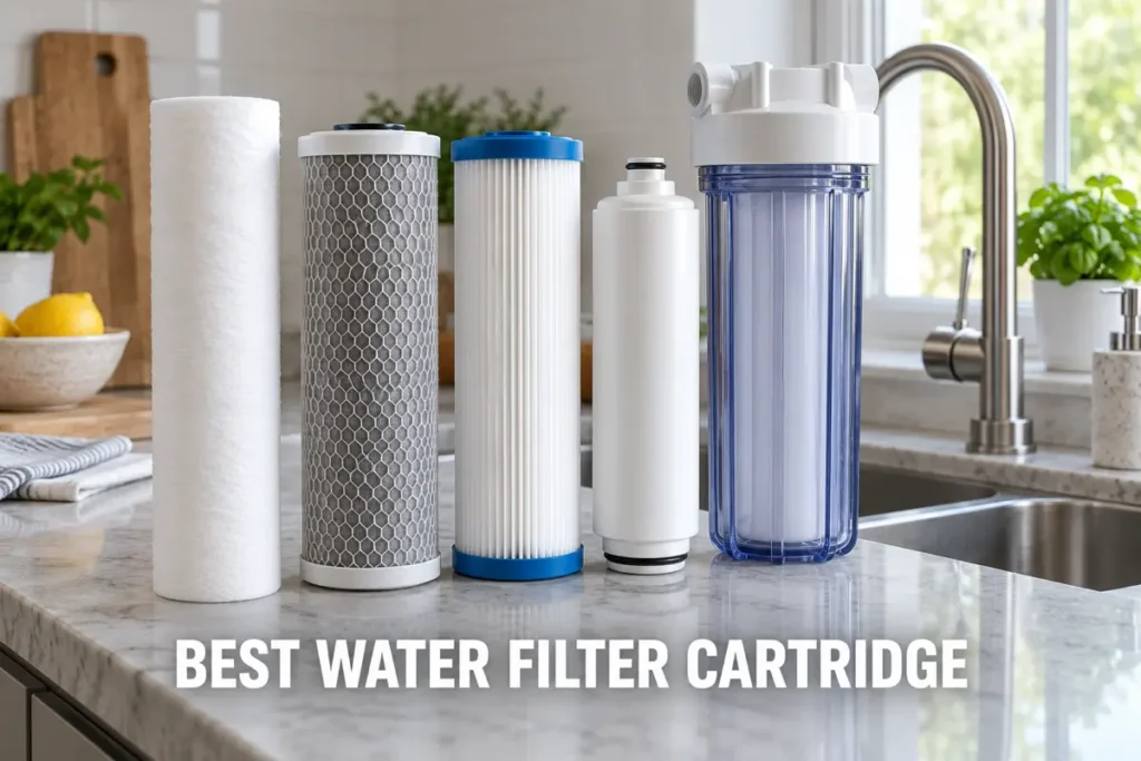Several water filter cartridges arranged on a kitchen countertop beside a sink and faucet.