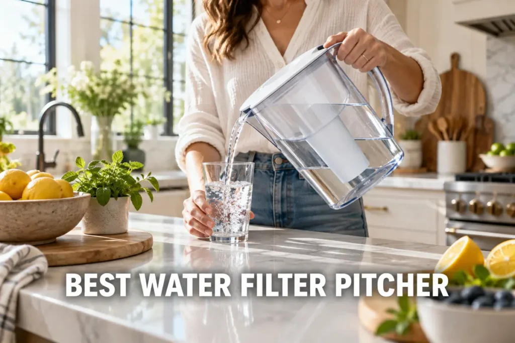 A woman pouring filtered water from a water filter pitcher into a glass in a bright modern kitchen.