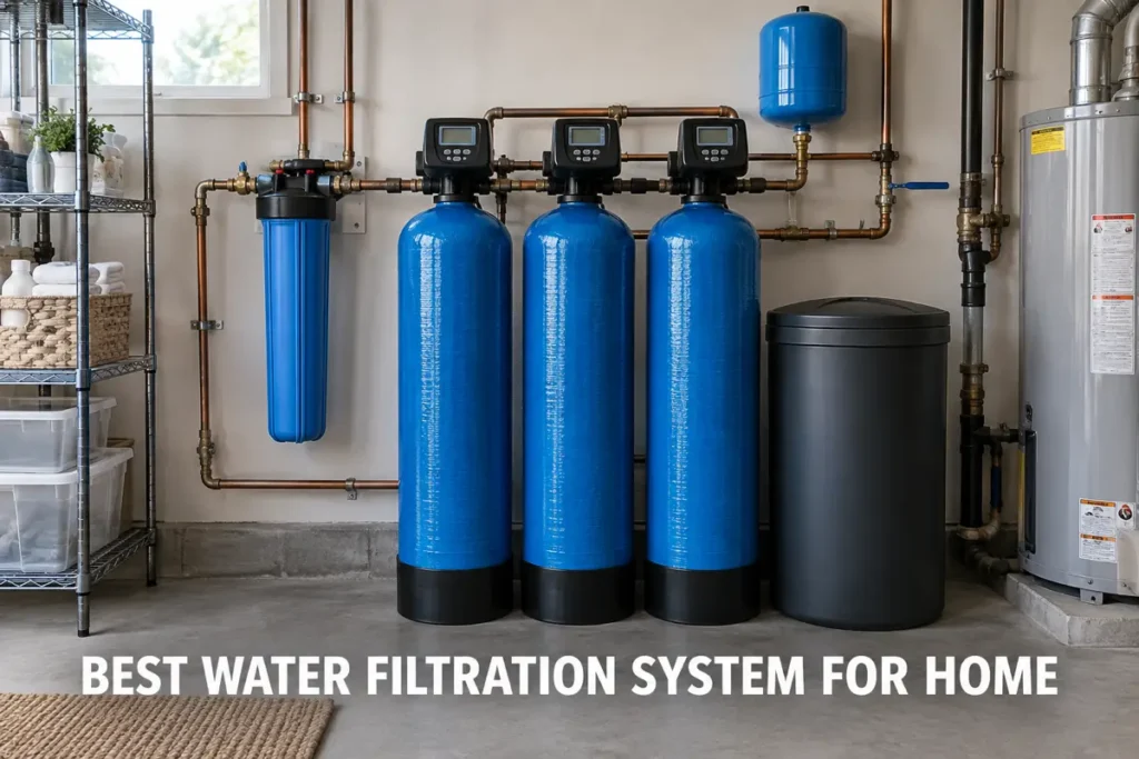 A whole-house water filtration system with blue tanks, pipes, and filter housing installed in a utility room.