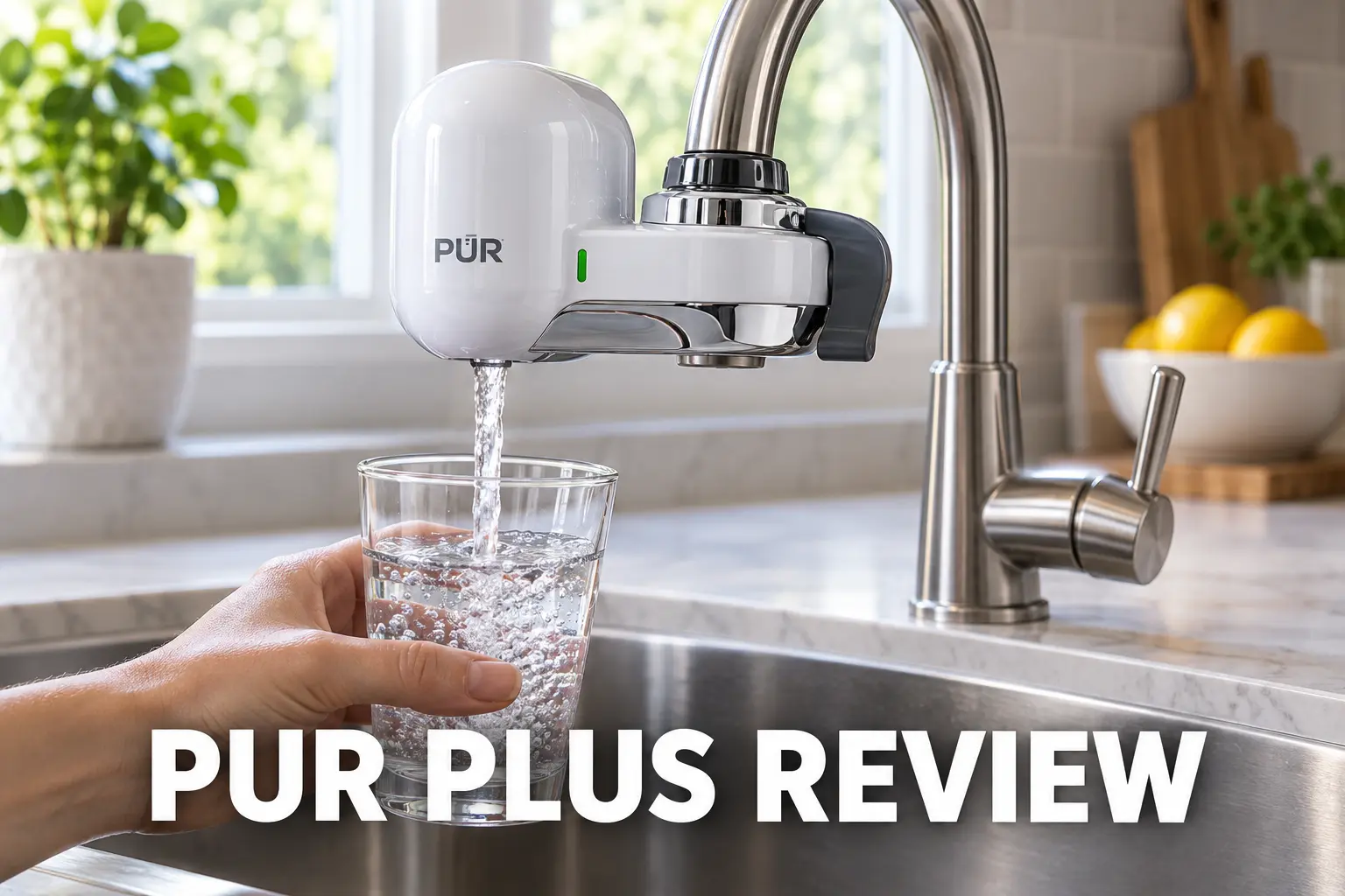 A PUR Plus faucet water filter filling a glass at a modern kitchen sink.