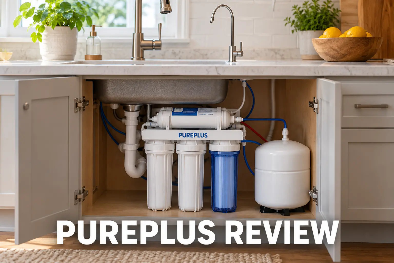 A PurePlus under-sink water filter system installed below a modern kitchen sink.