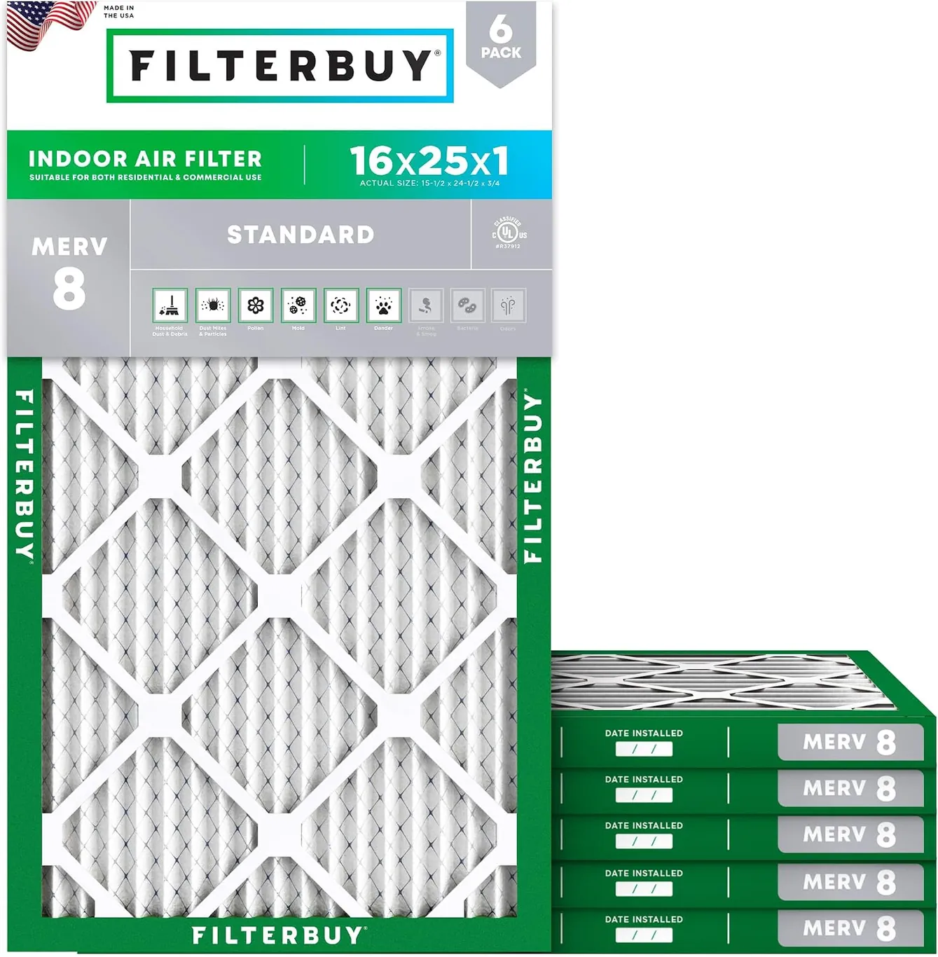Filterbuy 16x25x1 MERV 8 product view on a plain background