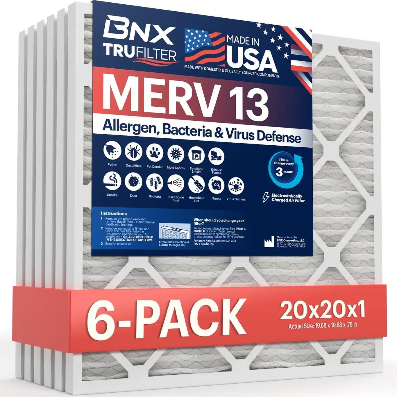 BNX 20x20x1 MERV 13 product view on a plain background