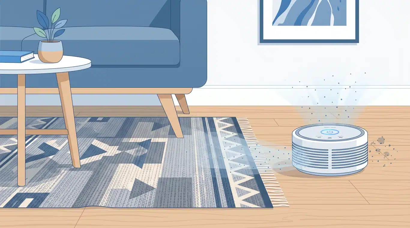 Air purifier running near a rug in a dusty living room