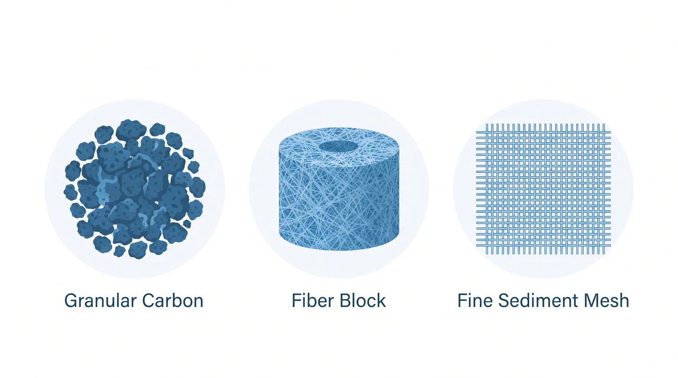 Three water filter media samples arranged in a row