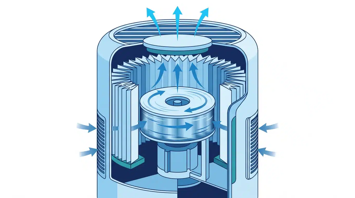 Cutaway of an air purifier's fan and pleated filter media